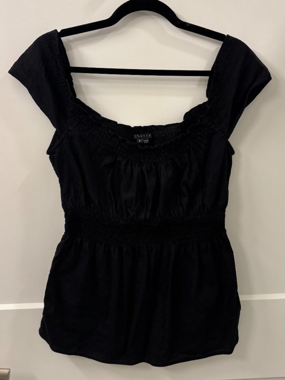 Theory Black Linen Blend Smocked Peplum Blouse Size Small
